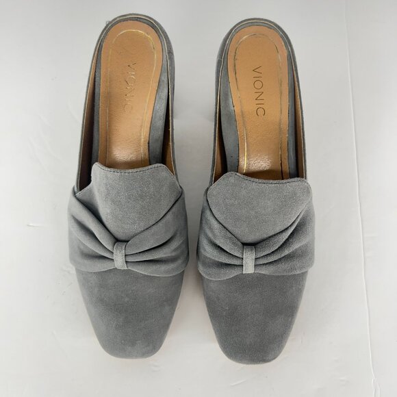 Sz 8- Vionic Plaza Presley Grey Suede Bow Front Square Toe Block Heeled Mules‎ - Picture 4 of 14